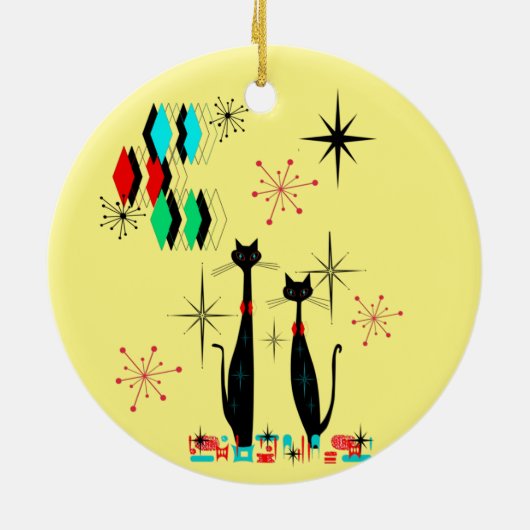 Midden-eeuwse moderne kool kat & Starburst atoomer Keramisch Ornament (Achterkant)