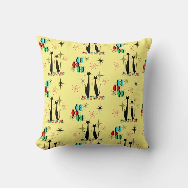 Midden-eeuwse moderne kool kat & Starburst atoomer Kussen (Voorkant)