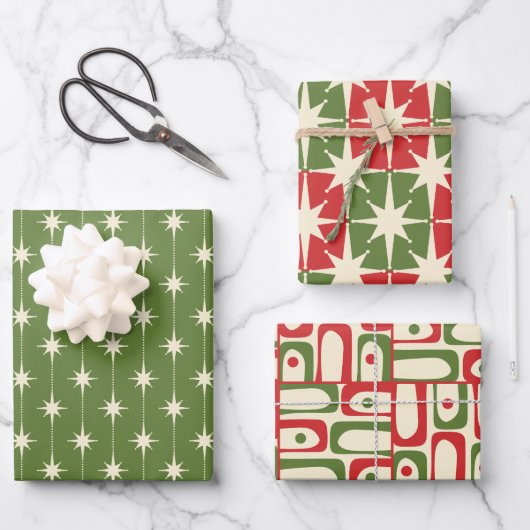 Midden-eeuwse moderne retro kerstpatronen inpakpapier vel (Voorkant)