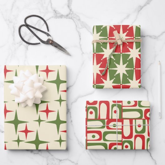 Midden-eeuwse moderne retro kerstpatronen inpakpapier vel (Voorkant)