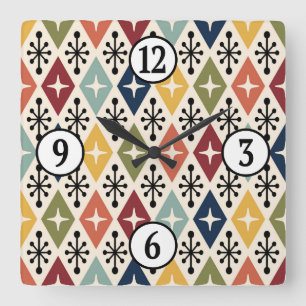 Midden-eeuwse moderne Retro Starburst Patroon Vierkante Klok