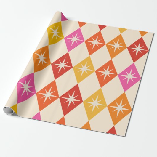 Midden-eeuwse moderne Starbursts op Retro Diamonds Cadeaupapier (Uitgerold)
