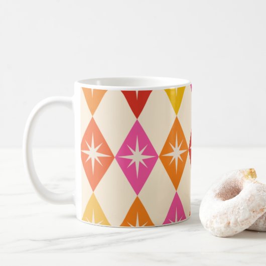 Midden-eeuwse moderne Starbursts op Retro Diamonds Koffiemok (Met donut)