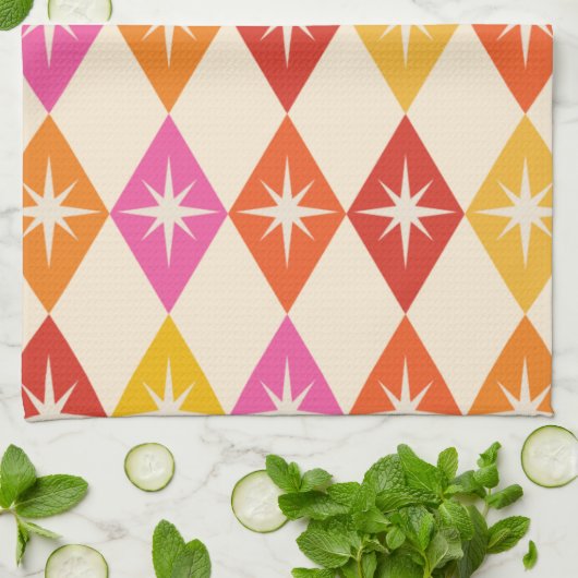 Midden-eeuwse moderne Starbursts op Retro Diamonds Theedoek (Gevouwen)