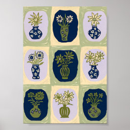 Midden-eeuwse moderne wilde bloemenvaas-rasterkuns poster