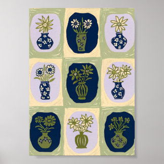 Midden-eeuwse moderne wilde bloemenvaas-rasterkuns poster