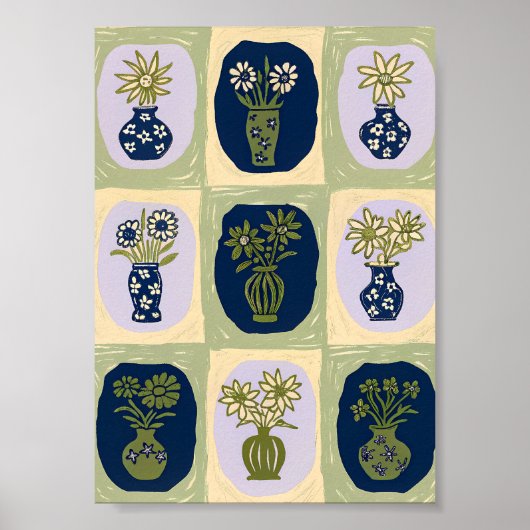 Midden-eeuwse moderne wilde bloemenvaas-rasterkuns poster (Voorkant)