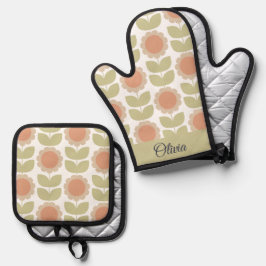 Midden-eeuwse Pastel Roze Retro Bloempatroon Ovenwant & Pannenlap Set