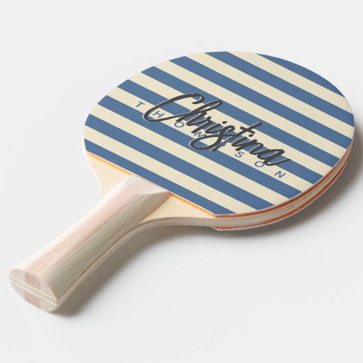 Midden-eeuwse polo capri blauw geschilderde naam tafeltennisbatje (Voorkant Gekanteld)