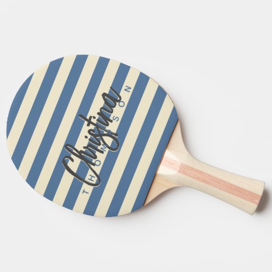 Midden-eeuwse polo capri blauw geschilderde naam tafeltennisbatje (Zijkant)