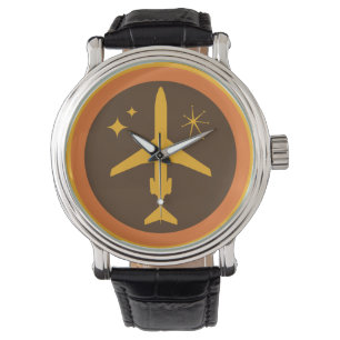 Midden-eeuwse Retro Bruine en Oranje Straalvliegtu Horloge