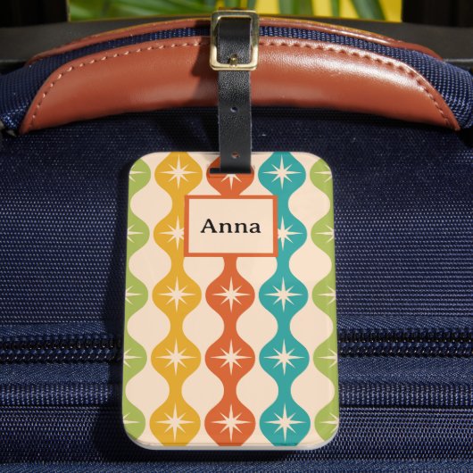 Midden eeuwse retro stervlagen op ogee monogram bagagelabel (Voorkant Insitu 2)