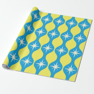 Midden eeuwse retro stervormen op blauwe gele Ogee Cadeaupapier