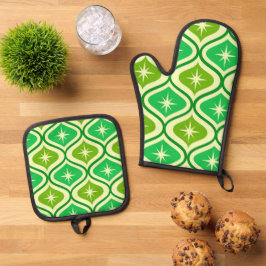 Midden eeuwse retro stervormen op groen Ogee patro Ovenwant & Pannenlap Set