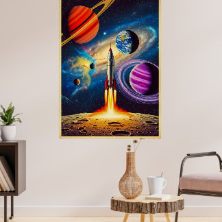 Midden-eeuwse Sci-Fi Space Travel Illustrati Poster