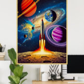 Midden-eeuwse Sci-Fi Space Travel Illustrati Poster (Thuiskantoor)