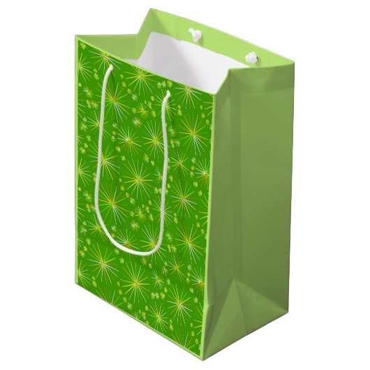 Midden eeuwse Sputnik-patroon, Olijfgroen Medium Cadeauzakje (Voorkant Gekanteld)
