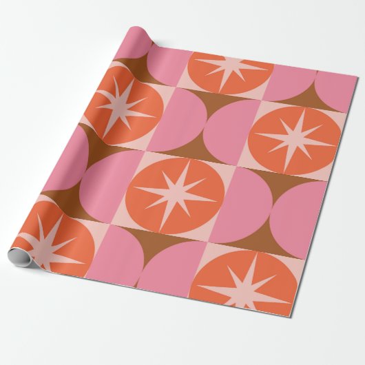 Midden-eeuwse Starbursts op roze Oranje cirkels Cadeaupapier (Uitgerold)