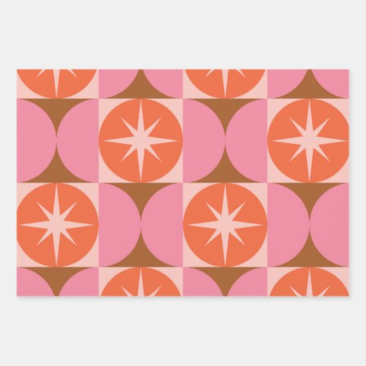 Midden-eeuwse Starbursts op roze Oranje cirkels Inpakpapier Vel (Voorkant 2)