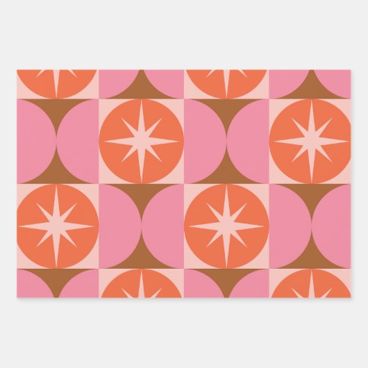 Midden-eeuwse Starbursts op roze Oranje cirkels Inpakpapier Vel (Voorkant)