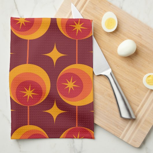 Midden-eeuwse Starbursts Patroon op Retro Cirkels Theedoek (Quarter Fold)