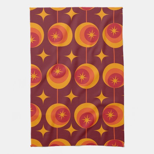 Midden-eeuwse Starbursts Patroon op Retro Cirkels Theedoek (Verticaal)