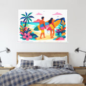 Midden-eeuwse tropische strandkunst canvas afdruk (Insitu (Slaapkamer))