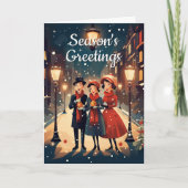 Midden eeuwse vintage kerstliedjeszangers retro feestdagen kaart (Voorkant)