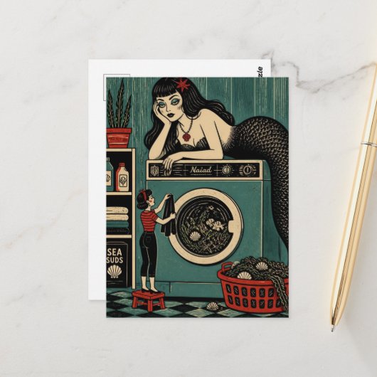 Midden eeuwse Zeemeermin op Wasdag Briefkaart (Voorkant / Achterkant in situ)