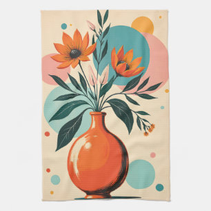 Midden-euwse bloemmotief terracotta turquoise roze theedoek