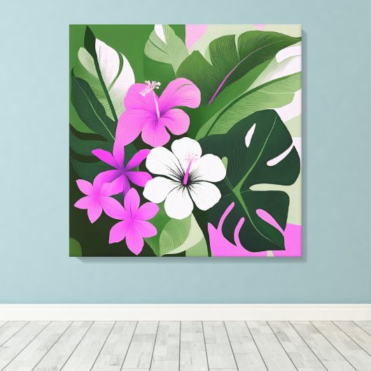 Midden-euwse moderne Hawaiaanse Hibiscus en Plumer Canvas Afdruk (Insitu (Houten vloer))