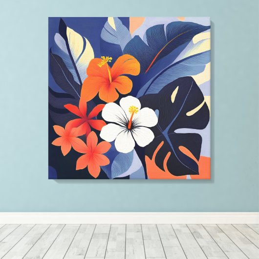 Midden-euwse moderne Hawaiaanse hibiscus en plumer Canvas Afdruk (Insitu (Houten vloer))