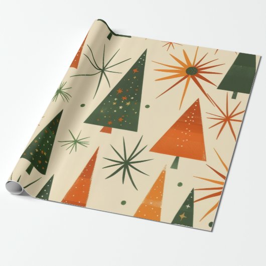 Midden-euwse moderne retro kerstbomen cadeaupapier (Uitgerold)
