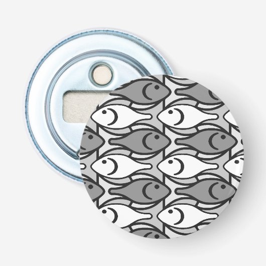 Midden-euwse moderne vis, grijs, wit en zwart button flesopener (Voorkant)