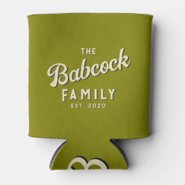 Midden-euwse warme olijfgroene retro familienaam & blikjeskoeler