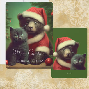 Midden in de winter Vintage Stijl Beer & Kitten Ke Feestdagenkaart