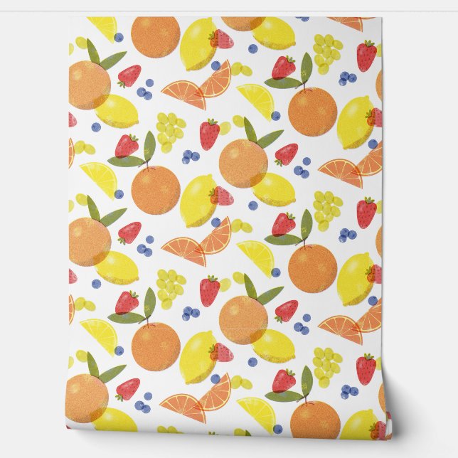Midden Mod Grungy Risograph Keuken Fruit Behang (Afrollen)