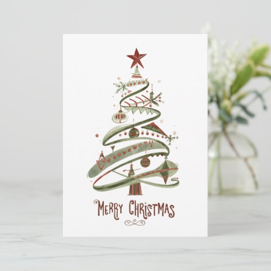 Midden-twintigste-eeuwse modern aquarel kerstkaart (Staand voorkant)