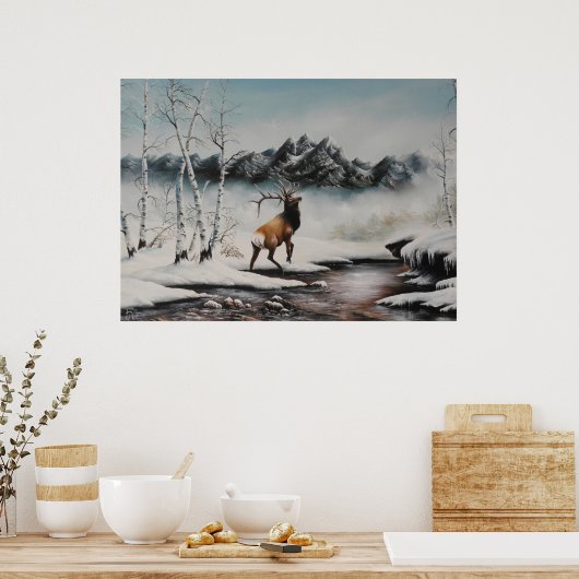 Midden winter Elk in sneeuwdruk Poster (Keuken)