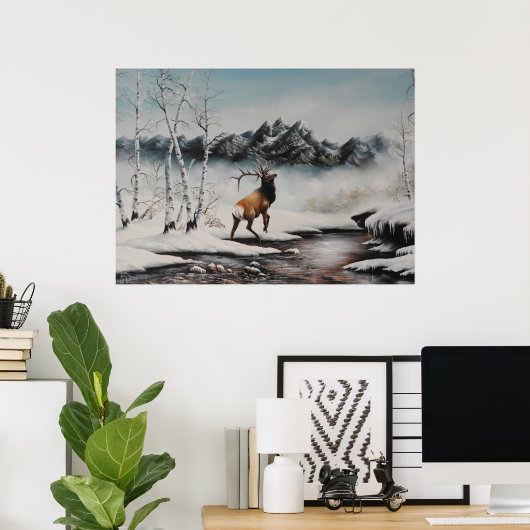 Midden winter Elk in sneeuwdruk Poster (Thuiskantoor)