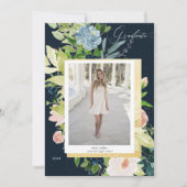 Middenblauw Blush Bloemen Foto Afstudeerkaart Save The Date (Voorkant)