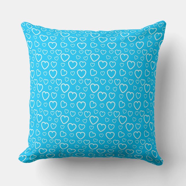 Middenblauw en Wit Hartjes Patroon Kussen (Voorkant)