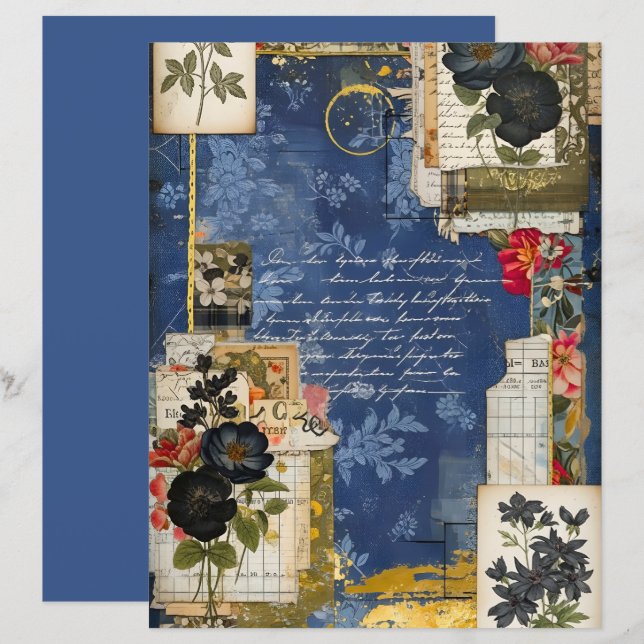 Middenblauw Vintage Bloem Scrapbook Papier (Voorkant / Achterkant)