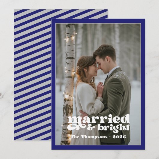 Middenblauw & Zilver Nieuwgehuwden Kerstmis Feestdagenkaart (Voorkant / Achterkant)