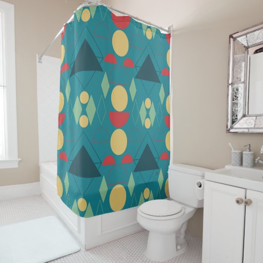 Middencentury Mod Turquoise Geometric Douchegordijn (In situ)