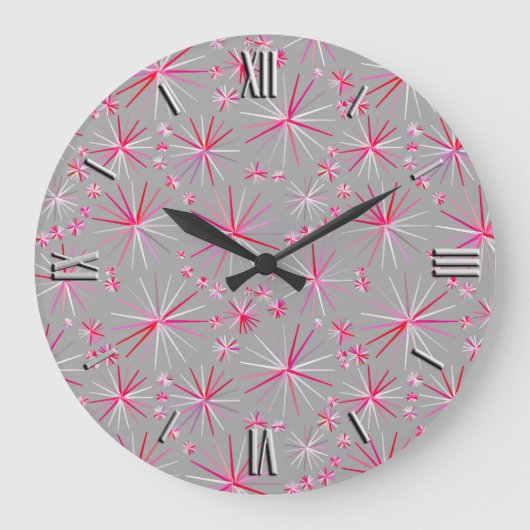 Middencentury sputnik patroon, grijs en Fuchsia Grote Klok (Voorkant)