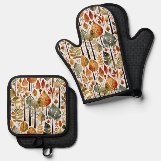 Middeneeuws bos met botanische Herfst Ovenwant & Pannenlap Set (Voorkant / Achterkant)