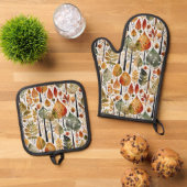Middeneeuws bos met botanische Herfst Ovenwant & Pannenlap Set (Top down)