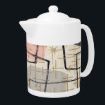 Middenmidden moderne Abstracte theepot<br><div class="desc">Dit moderne Abstracte theepot uit de midden van de eeuw heeft een replica van een stof uit de jaren vijftig. De achtergrond is ecru met zwarte en goudlijnen. De stof heeft ook grijze en roze moderne kunstvormen. Het is een explosie uit het verleden! Dit is het perfecte ontwerp voor iedereen...</div>