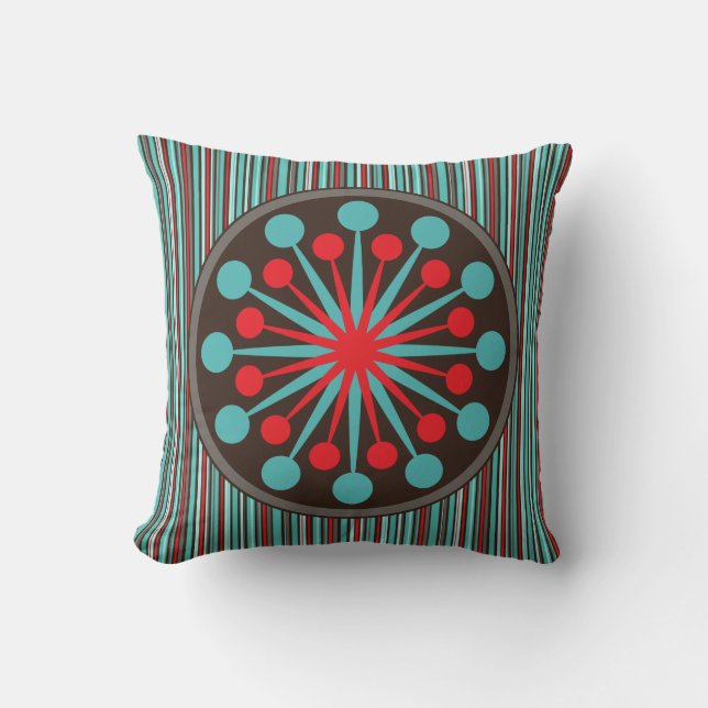 Middenmidden moderne Starburst Turquoise Red Strip Kussen (Voorkant)